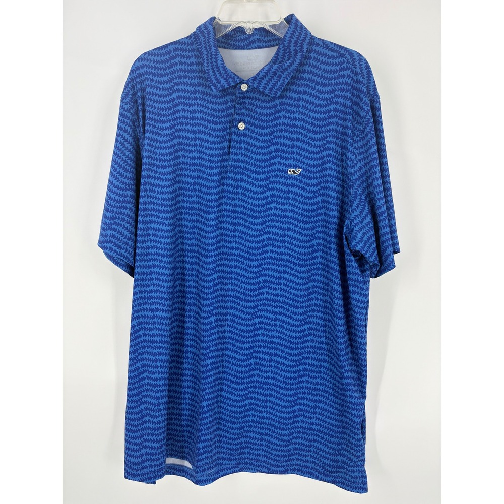 Vineyard Vines Performance Polo Shirt Mens XL Blue Fish Print Short Sleeve